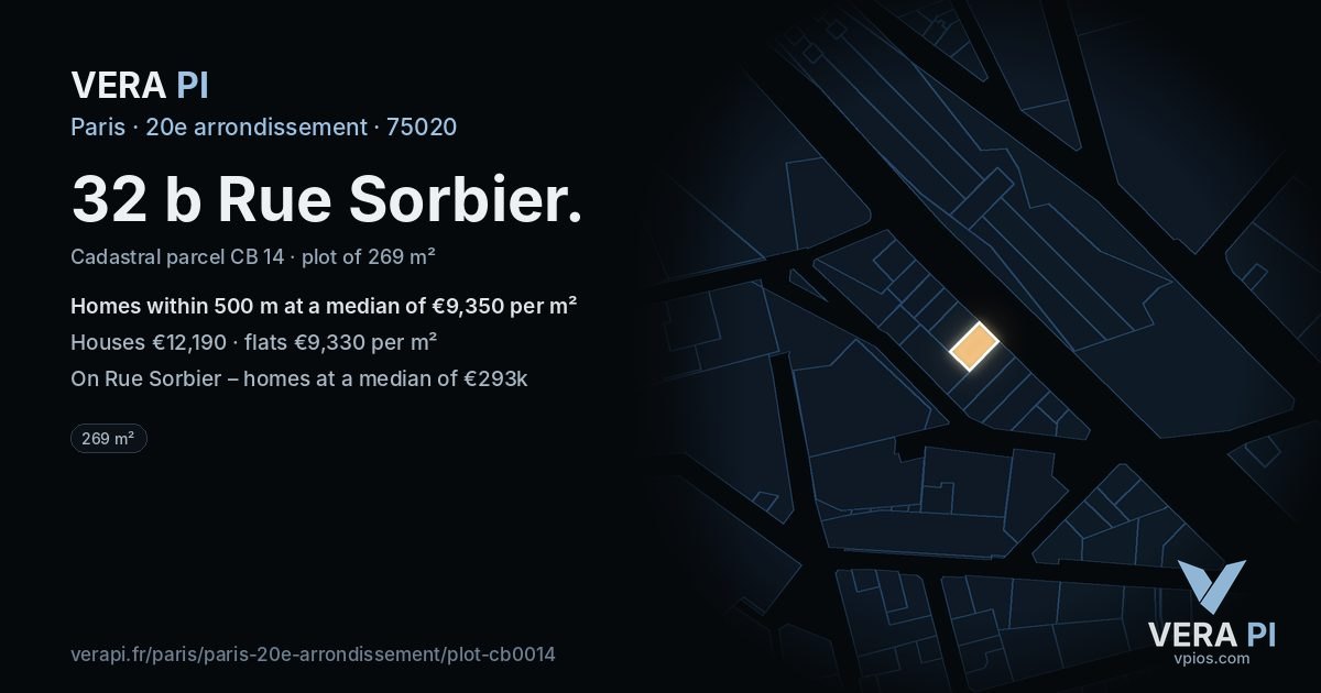 32 b Rue Sorbier, 20e arrondissement at night – the plot lit, the parcels around coloured by the prices near them