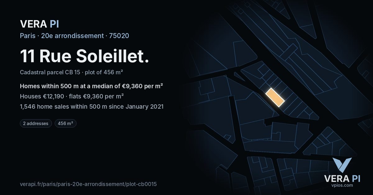 11 Rue Soleillet, 20e arrondissement at night – the plot lit, the parcels around coloured by the prices near them