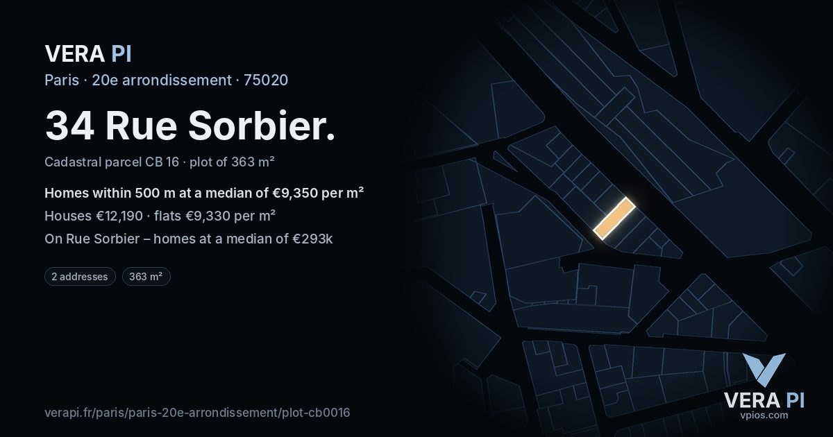 34 Rue Sorbier, 20e arrondissement at night – the plot lit, the parcels around coloured by the prices near them