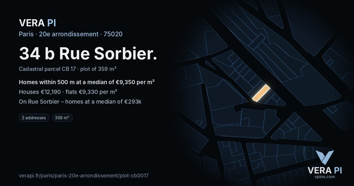 34 b Rue Sorbier, 20e arrondissement at night – the plot lit, the parcels around coloured by the prices near them
