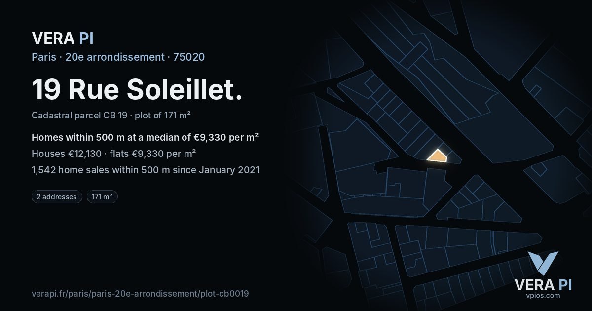 19 Rue Soleillet, 20e arrondissement at night – the plot lit, the parcels around coloured by the prices near them