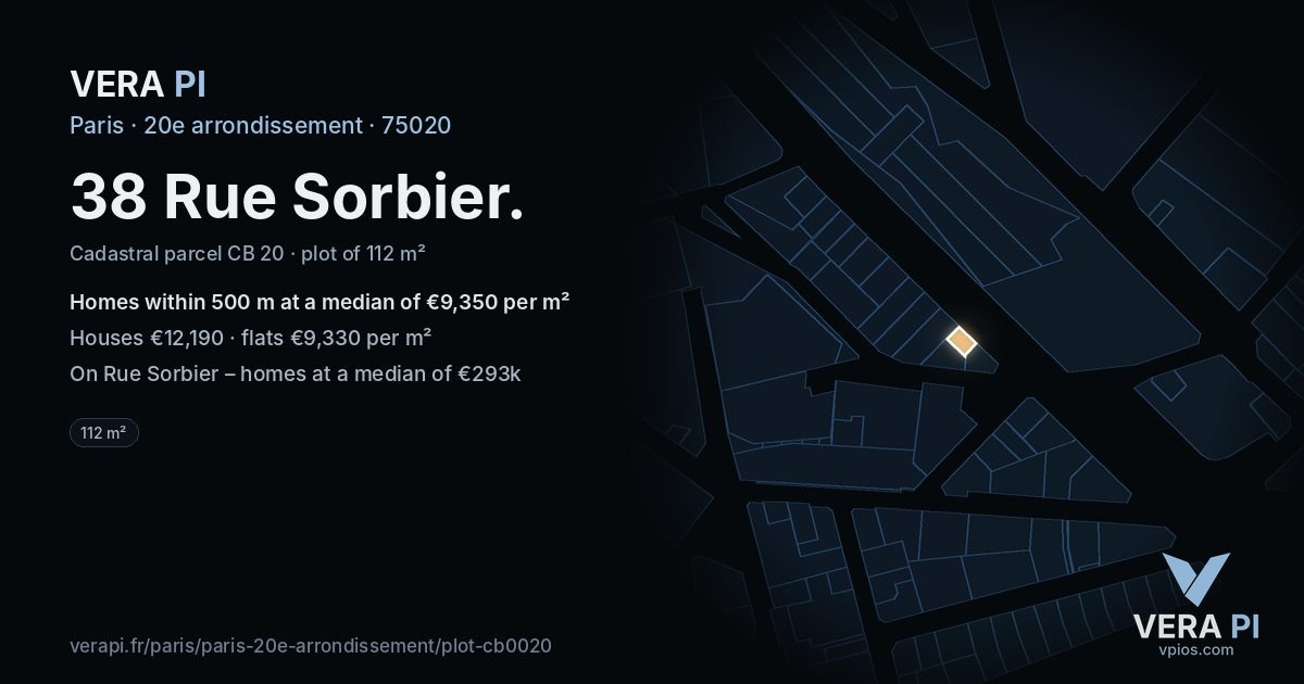 38 Rue Sorbier, 20e arrondissement at night – the plot lit, the parcels around coloured by the prices near them