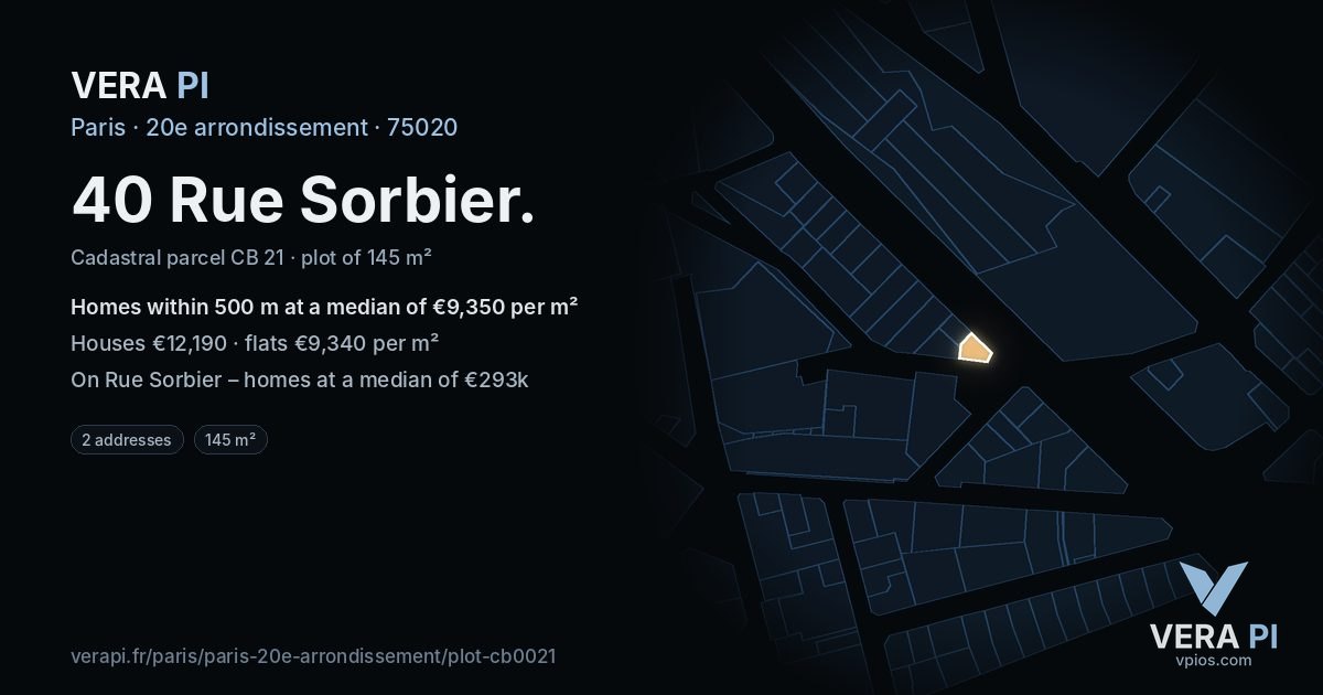 40 Rue Sorbier, 20e arrondissement at night – the plot lit, the parcels around coloured by the prices near them
