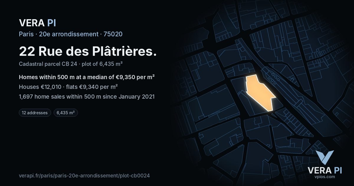 22 Rue des Plâtrières, 20e arrondissement at night – the plot lit, the parcels around coloured by the prices near them