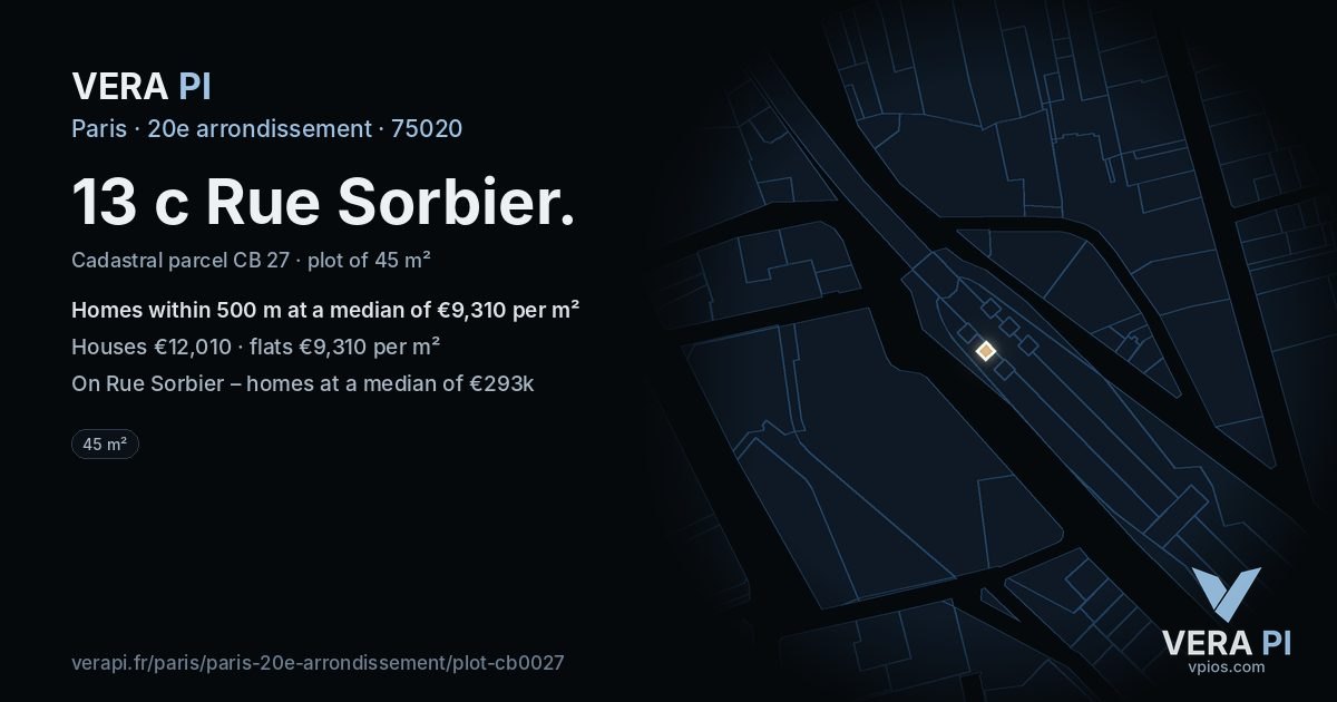 13 c Rue Sorbier, 20e arrondissement at night – the plot lit, the parcels around coloured by the prices near them