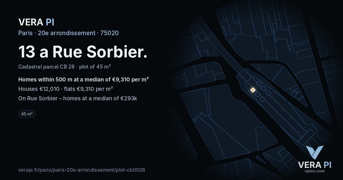 13 a Rue Sorbier, 20e arrondissement at night – the plot lit, the parcels around coloured by the prices near them