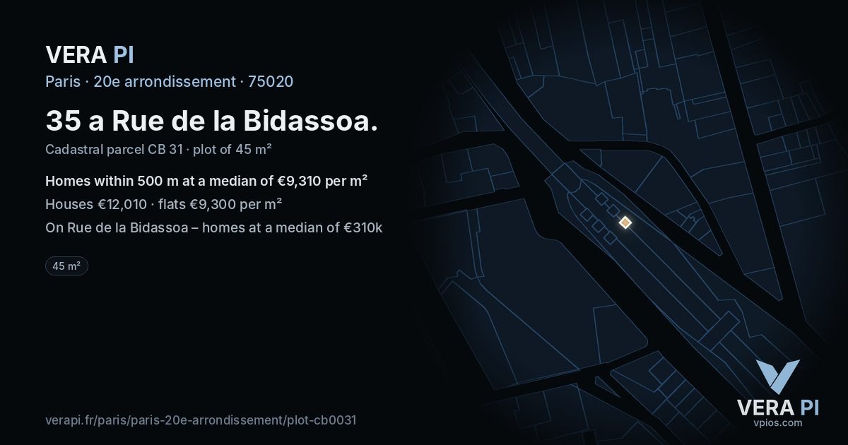 35 a Rue de la Bidassoa, 20e arrondissement at night – the plot lit, the parcels around coloured by the prices near them