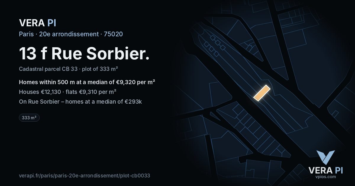 13 f Rue Sorbier, 20e arrondissement at night – the plot lit, the parcels around coloured by the prices near them