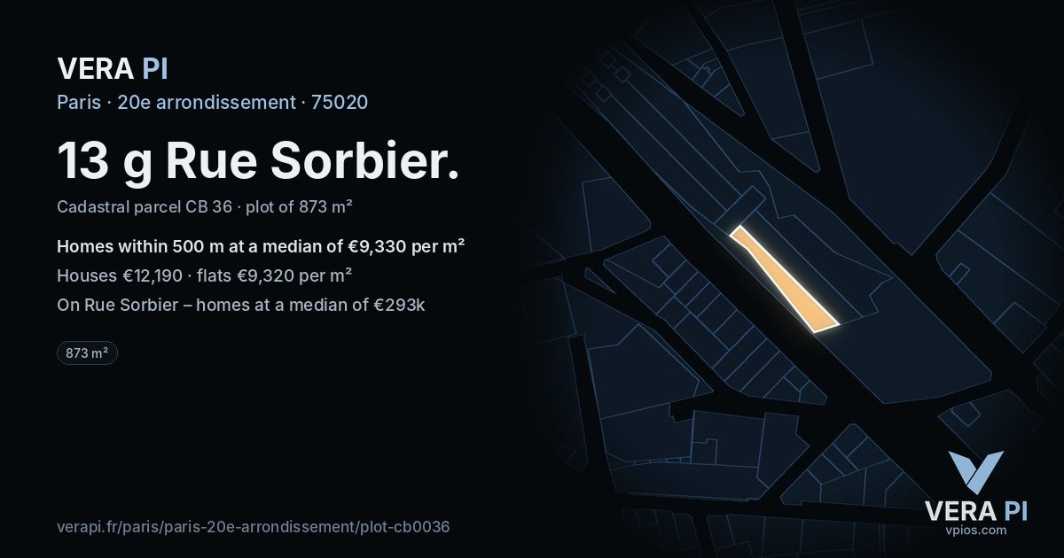 13 g Rue Sorbier, 20e arrondissement at night – the plot lit, the parcels around coloured by the prices near them