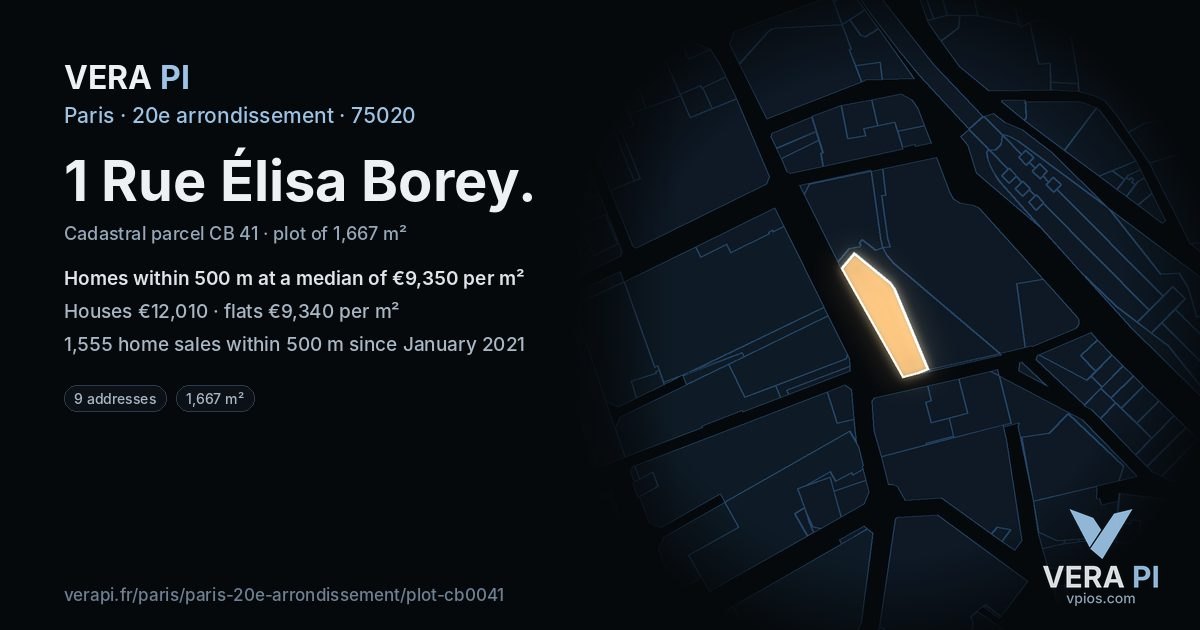1 Rue Élisa Borey, 20e arrondissement at night – the plot lit, the parcels around coloured by the prices near them