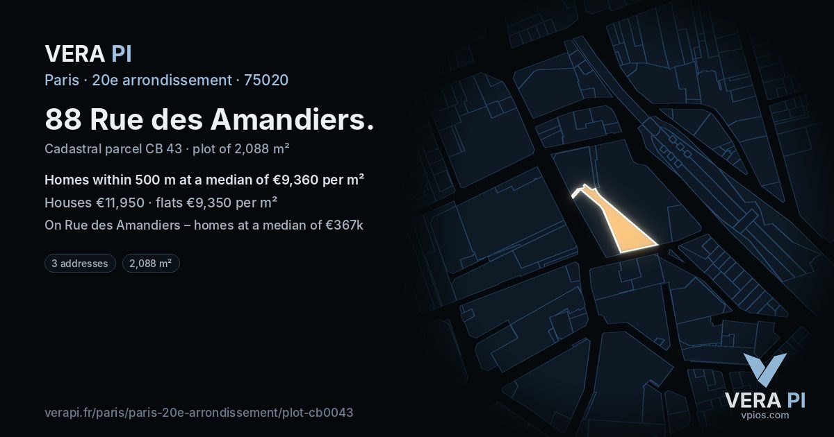 88 Rue des Amandiers, 20e arrondissement at night – the plot lit, the parcels around coloured by the prices near them