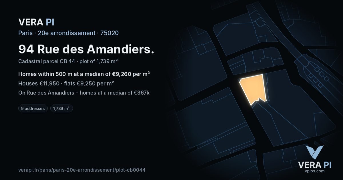 94 Rue des Amandiers, 20e arrondissement at night – the plot lit, the parcels around coloured by the prices near them