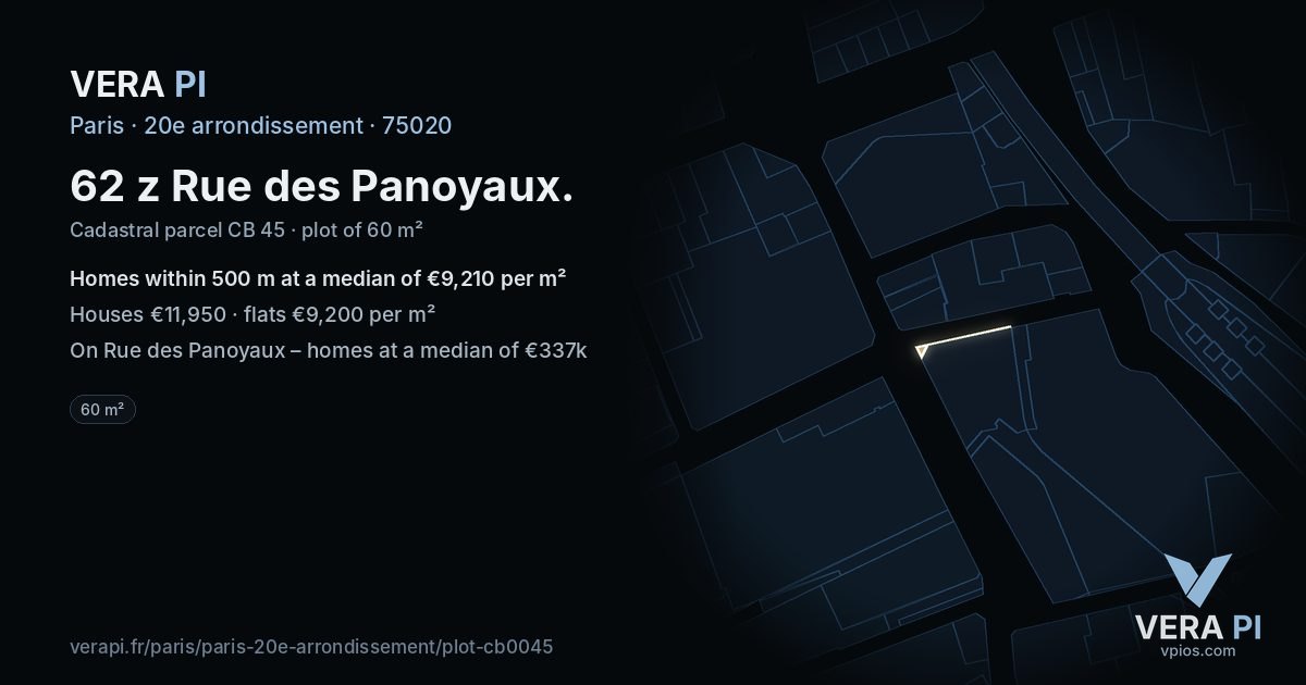 62 z Rue des Panoyaux, 20e arrondissement at night – the plot lit, the parcels around coloured by the prices near them
