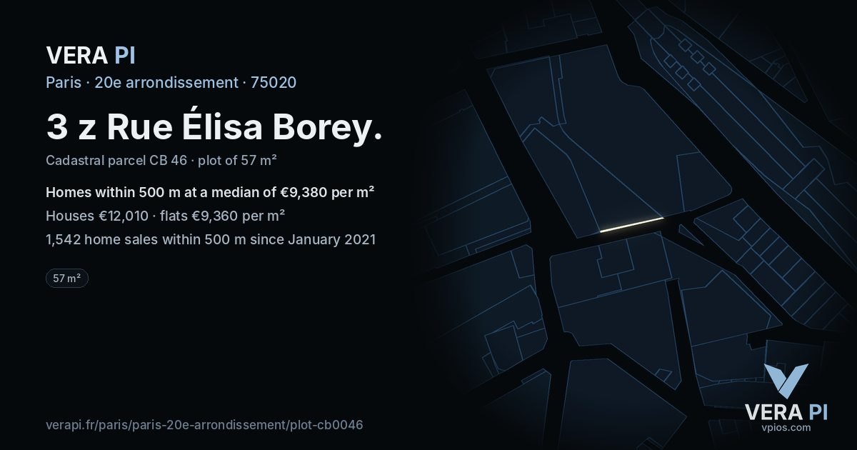 3 z Rue Élisa Borey, 20e arrondissement at night – the plot lit, the parcels around coloured by the prices near them