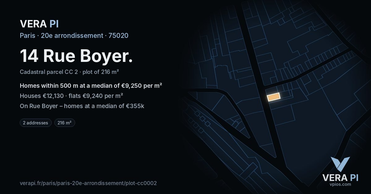 14 Rue Boyer, 20e arrondissement at night – the plot lit, the parcels around coloured by the prices near them