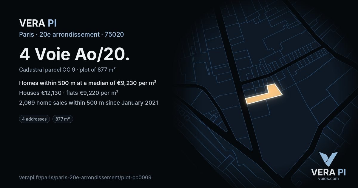 4 Voie Ao/20, 20e arrondissement at night – the plot lit, the parcels around coloured by the prices near them