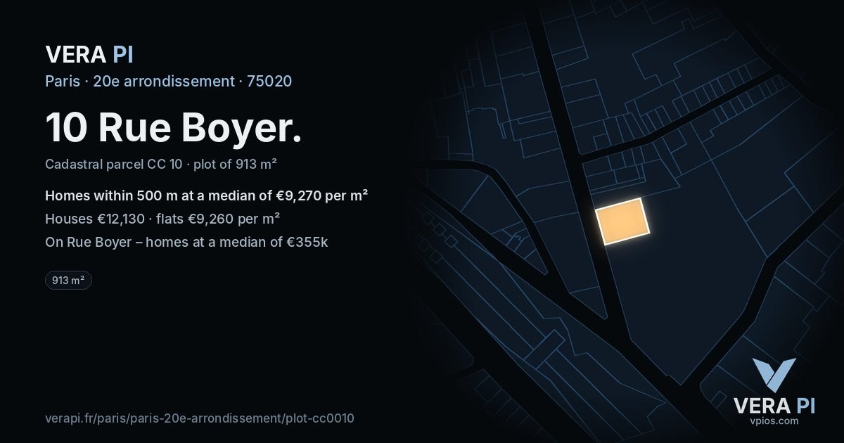 10 Rue Boyer, 20e arrondissement at night – the plot lit, the parcels around coloured by the prices near them