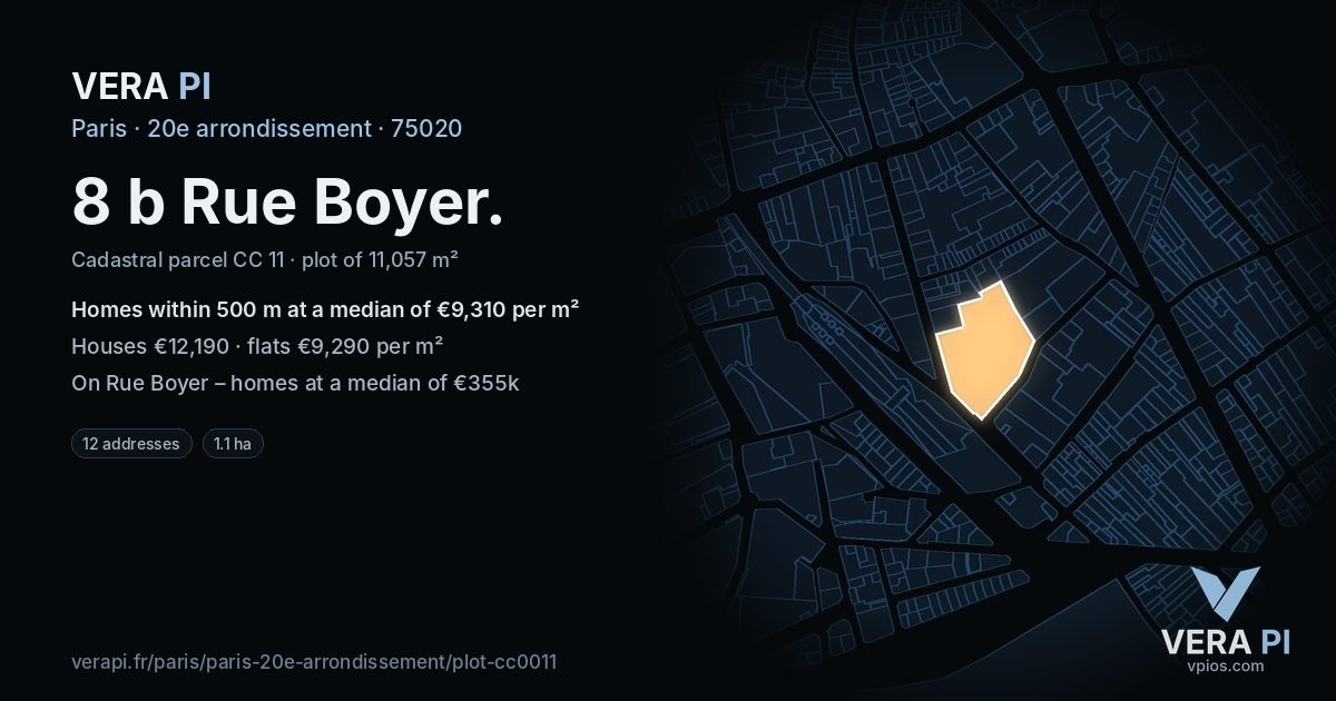 8 b Rue Boyer, 20e arrondissement at night – the plot lit, the parcels around coloured by the prices near them