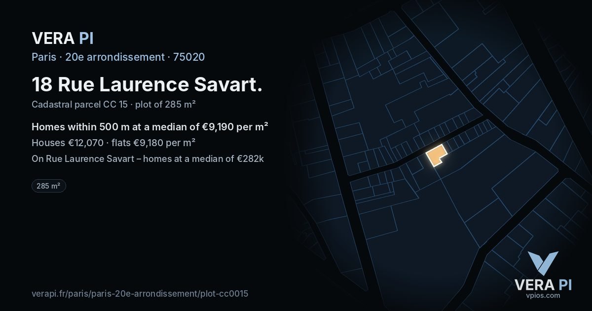 18 Rue Laurence Savart, 20e arrondissement at night – the plot lit, the parcels around coloured by the prices near them