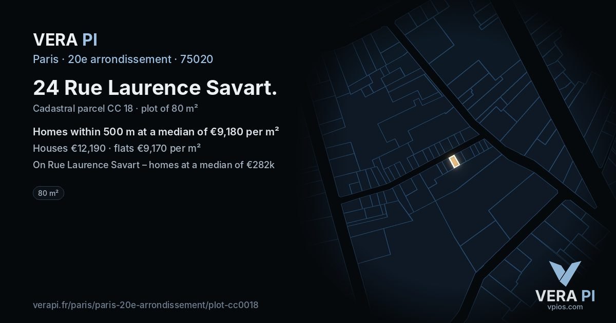24 Rue Laurence Savart, 20e arrondissement at night – the plot lit, the parcels around coloured by the prices near them