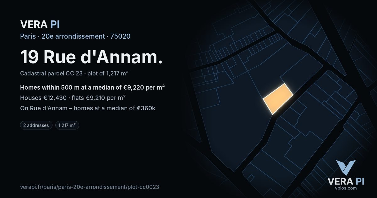 19 Rue d'Annam, 20e arrondissement at night – the plot lit, the parcels around coloured by the prices near them