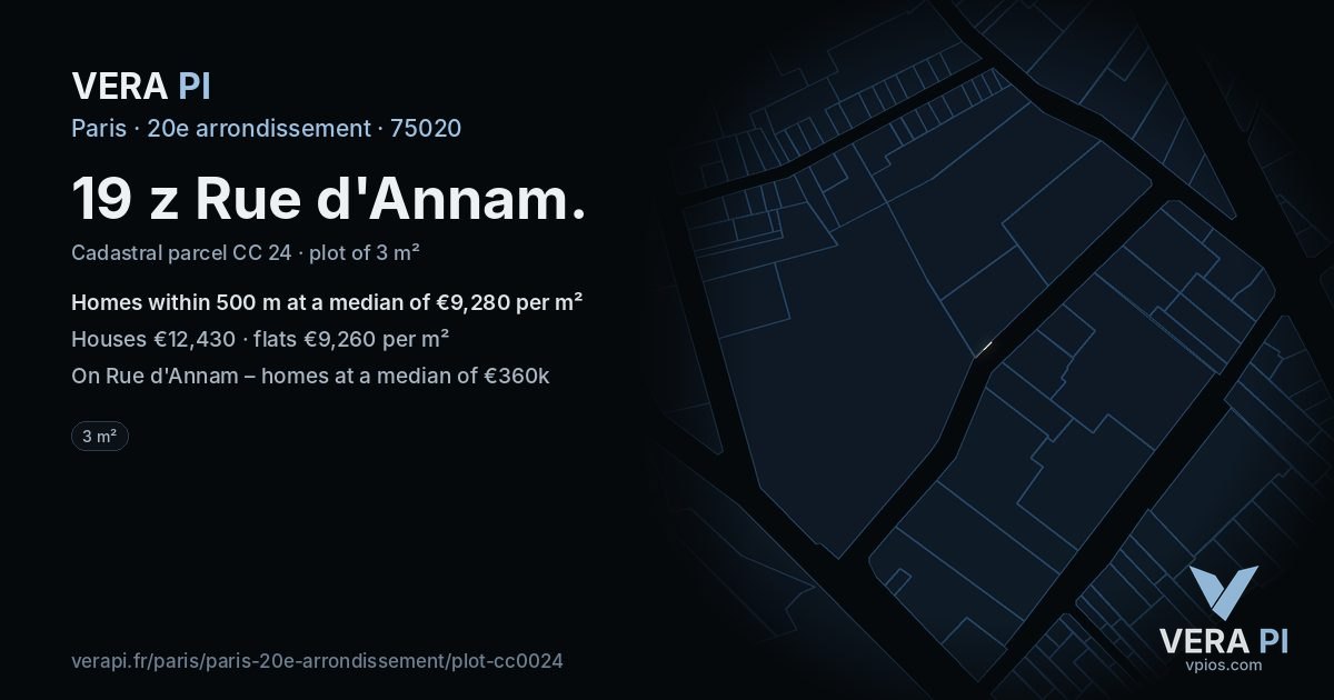 19 z Rue d'Annam, 20e arrondissement at night – the plot lit, the parcels around coloured by the prices near them
