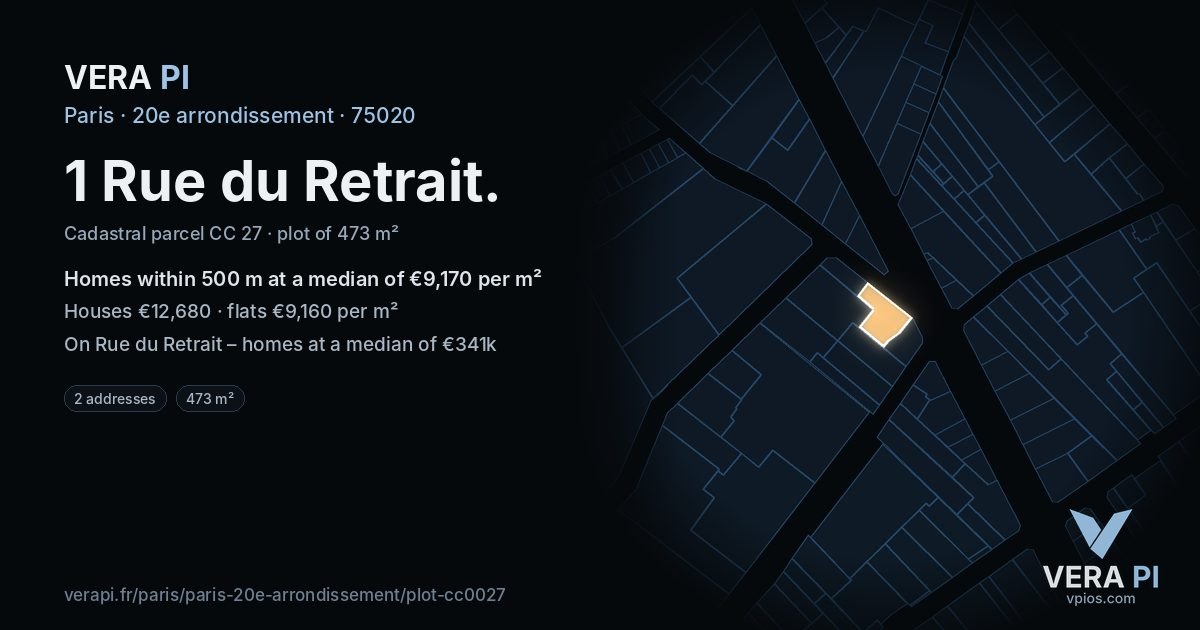 1 Rue du Retrait, 20e arrondissement at night – the plot lit, the parcels around coloured by the prices near them