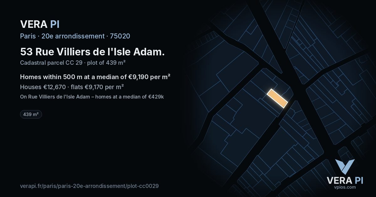 53 Rue Villiers de l'Isle Adam, 20e arrondissement at night – the plot lit, the parcels around coloured by the prices near them