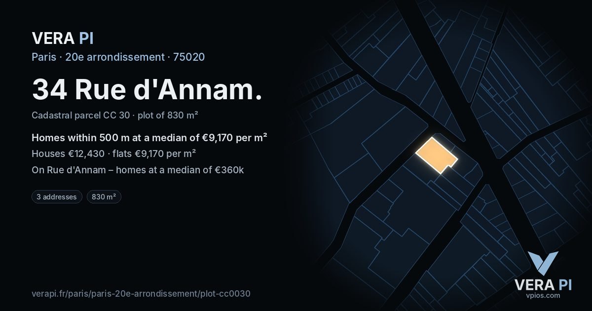 34 Rue d'Annam, 20e arrondissement at night – the plot lit, the parcels around coloured by the prices near them