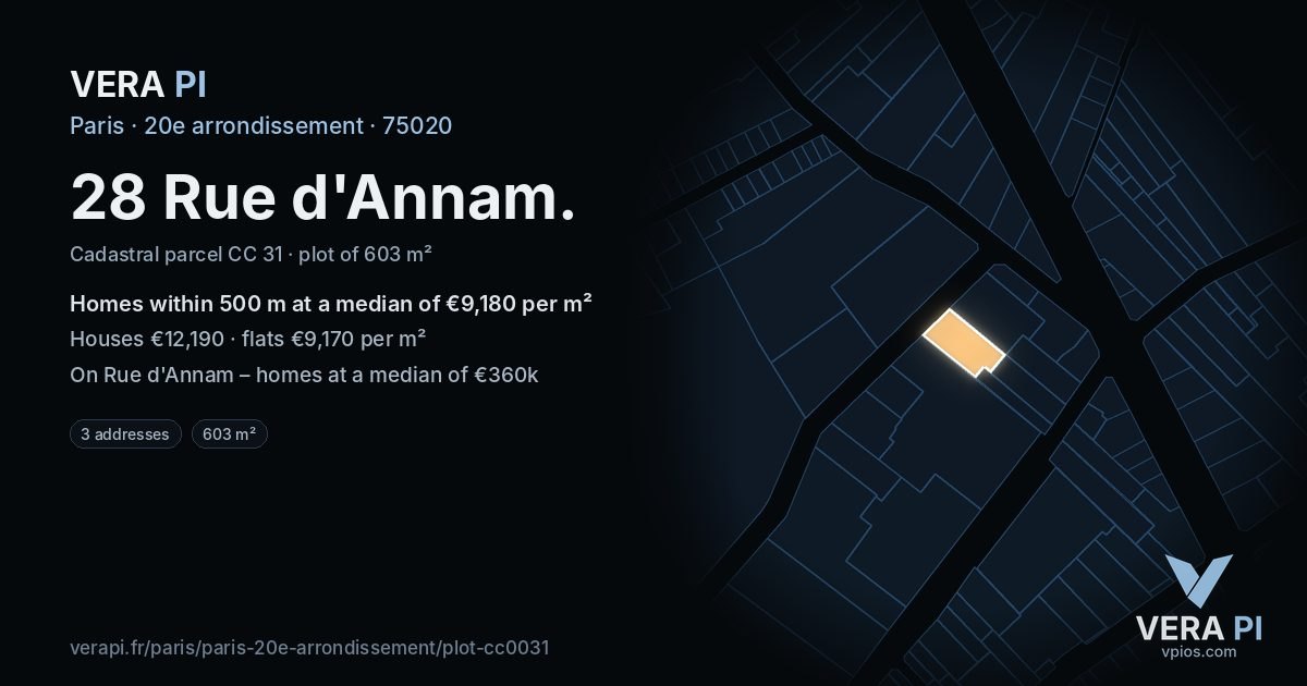 28 Rue d'Annam, 20e arrondissement at night – the plot lit, the parcels around coloured by the prices near them