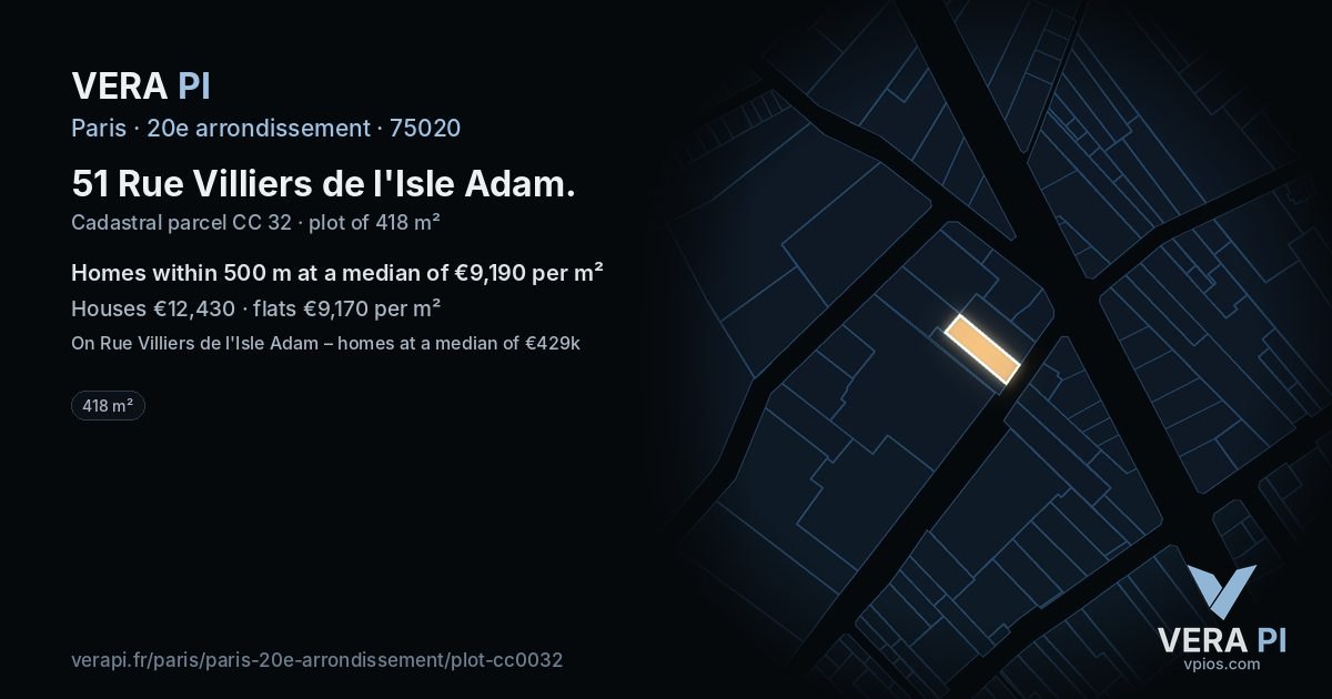 51 Rue Villiers de l'Isle Adam, 20e arrondissement at night – the plot lit, the parcels around coloured by the prices near them