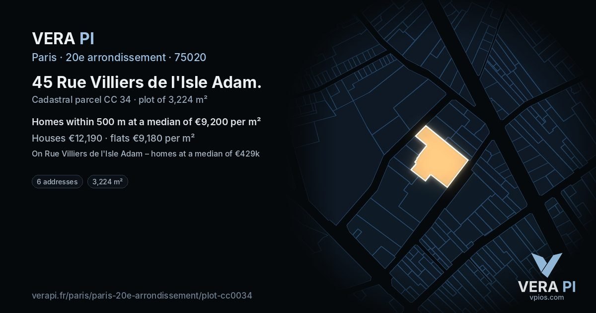 45 Rue Villiers de l'Isle Adam, 20e arrondissement at night – the plot lit, the parcels around coloured by the prices near them