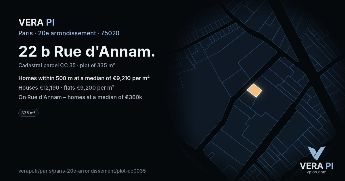 22 b Rue d'Annam, 20e arrondissement at night – the plot lit, the parcels around coloured by the prices near them