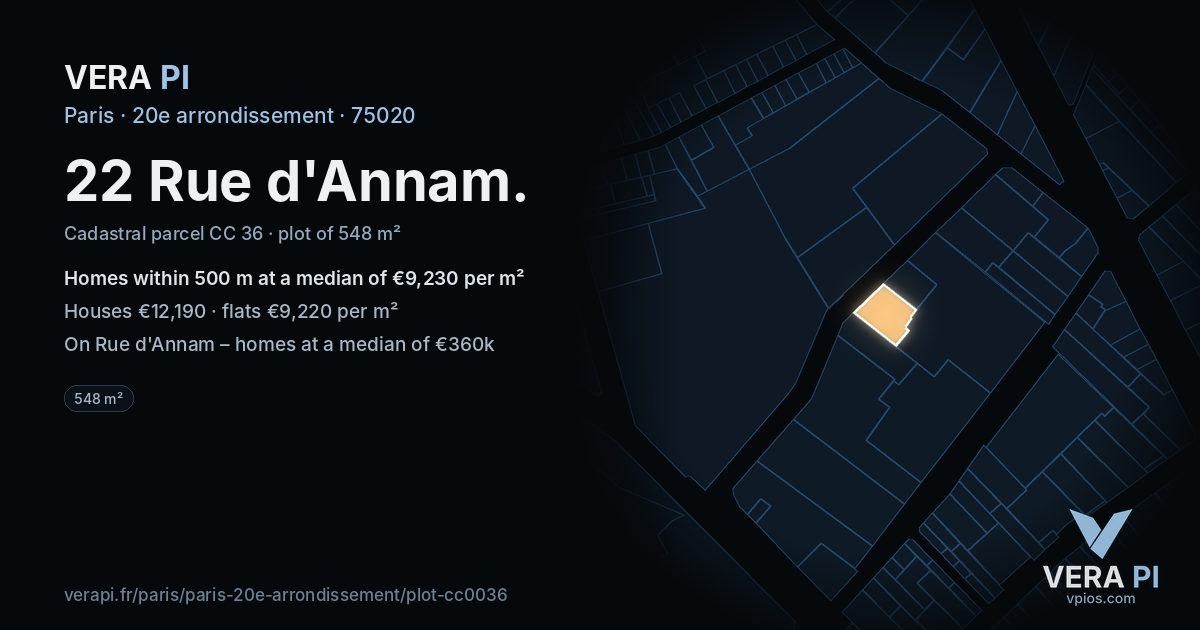 22 Rue d'Annam, 20e arrondissement at night – the plot lit, the parcels around coloured by the prices near them