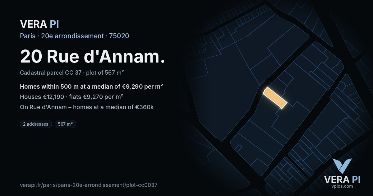 20 Rue d'Annam, 20e arrondissement at night – the plot lit, the parcels around coloured by the prices near them