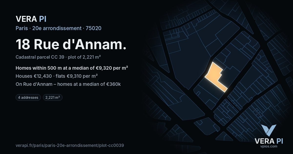 18 Rue d'Annam, 20e arrondissement at night – the plot lit, the parcels around coloured by the prices near them