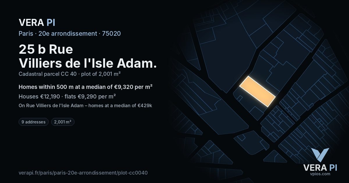 25 b Rue Villiers de l'Isle Adam, 20e arrondissement at night – the plot lit, the parcels around coloured by the prices near them