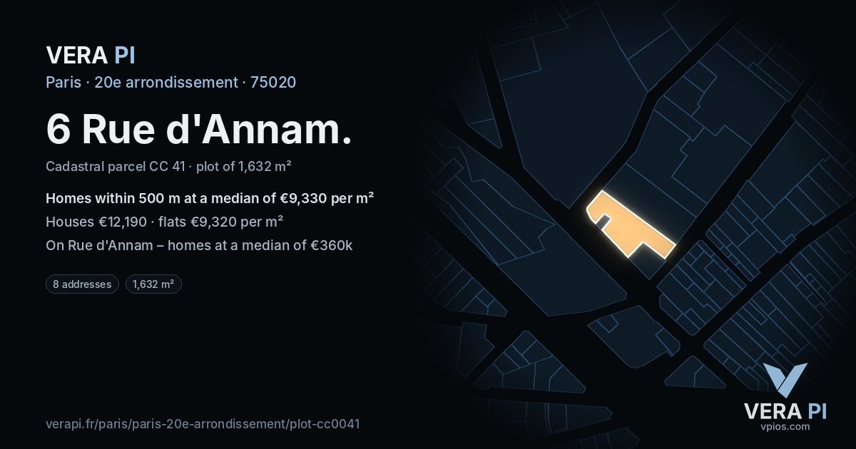 6 Rue d'Annam, 20e arrondissement at night – the plot lit, the parcels around coloured by the prices near them