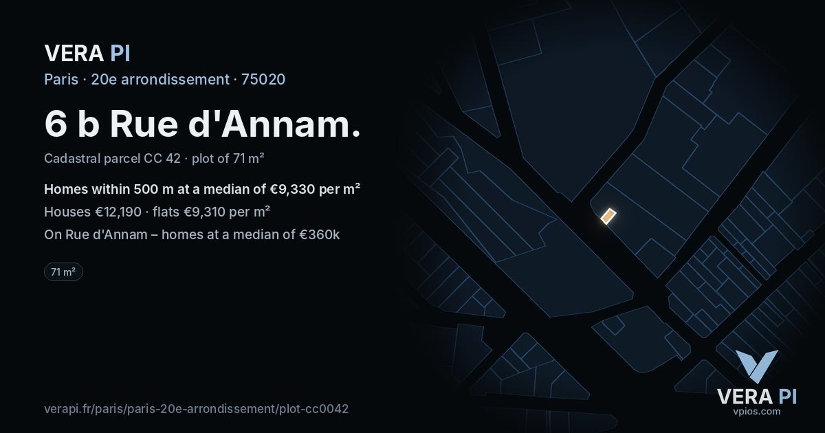 6 b Rue d'Annam, 20e arrondissement at night – the plot lit, the parcels around coloured by the prices near them