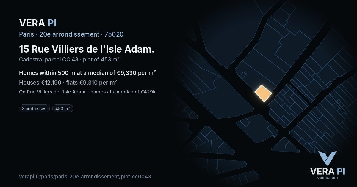 15 Rue Villiers de l'Isle Adam, 20e arrondissement at night – the plot lit, the parcels around coloured by the prices near them