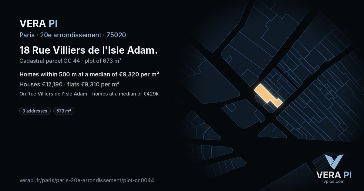 18 Rue Villiers de l'Isle Adam, 20e arrondissement at night – the plot lit, the parcels around coloured by the prices near them