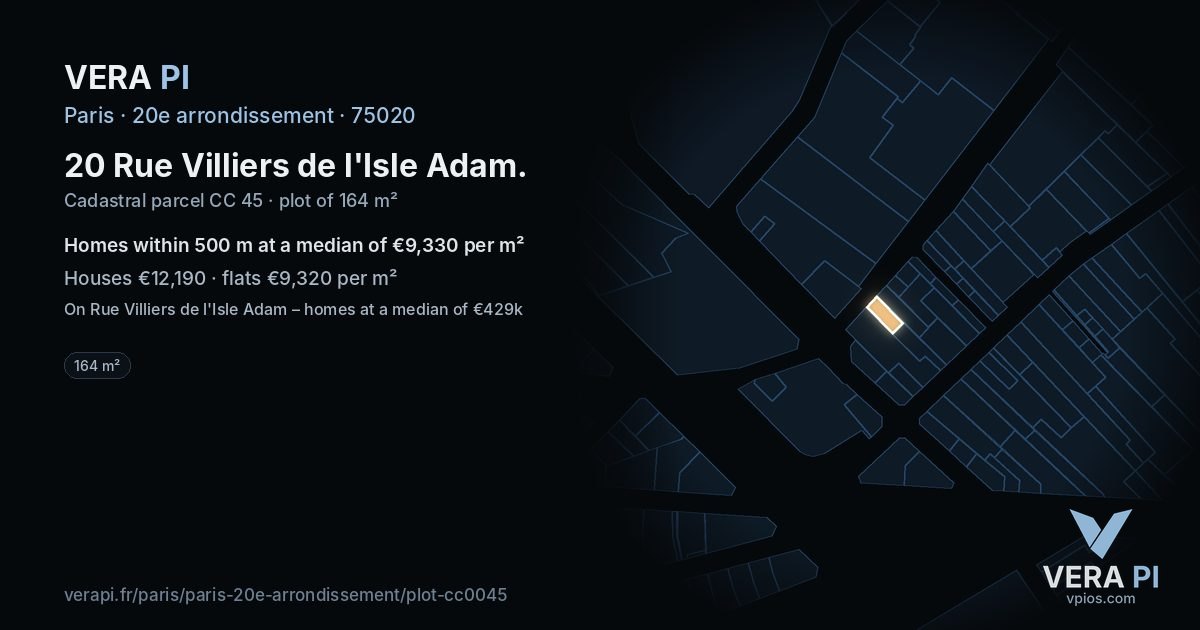 20 Rue Villiers de l'Isle Adam, 20e arrondissement at night – the plot lit, the parcels around coloured by the prices near them
