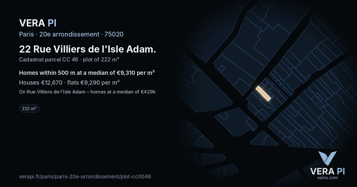 22 Rue Villiers de l'Isle Adam, 20e arrondissement at night – the plot lit, the parcels around coloured by the prices near them