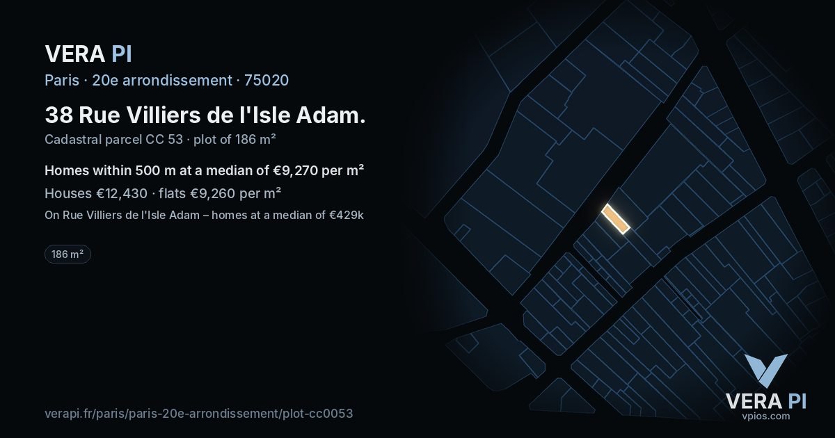 38 Rue Villiers de l'Isle Adam, 20e arrondissement at night – the plot lit, the parcels around coloured by the prices near them