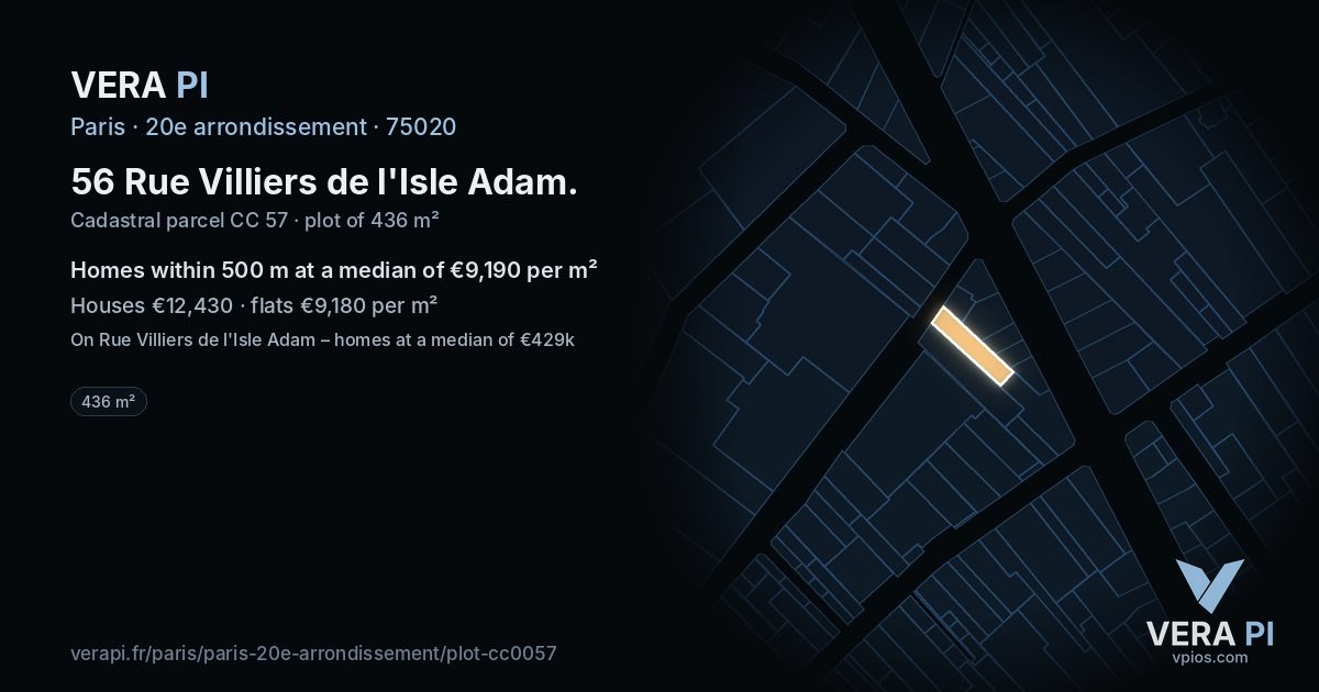 56 Rue Villiers de l'Isle Adam, 20e arrondissement at night – the plot lit, the parcels around coloured by the prices near them