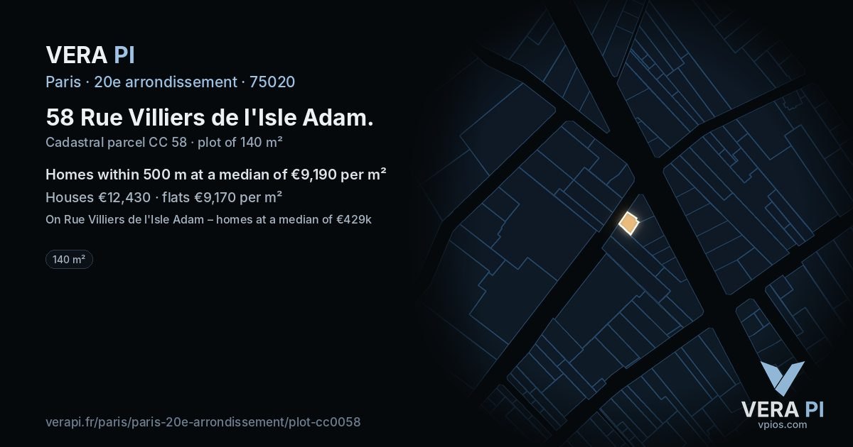 58 Rue Villiers de l'Isle Adam, 20e arrondissement at night – the plot lit, the parcels around coloured by the prices near them