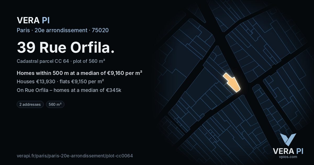 39 Rue Orfila, 20e arrondissement at night – the plot lit, the parcels around coloured by the prices near them