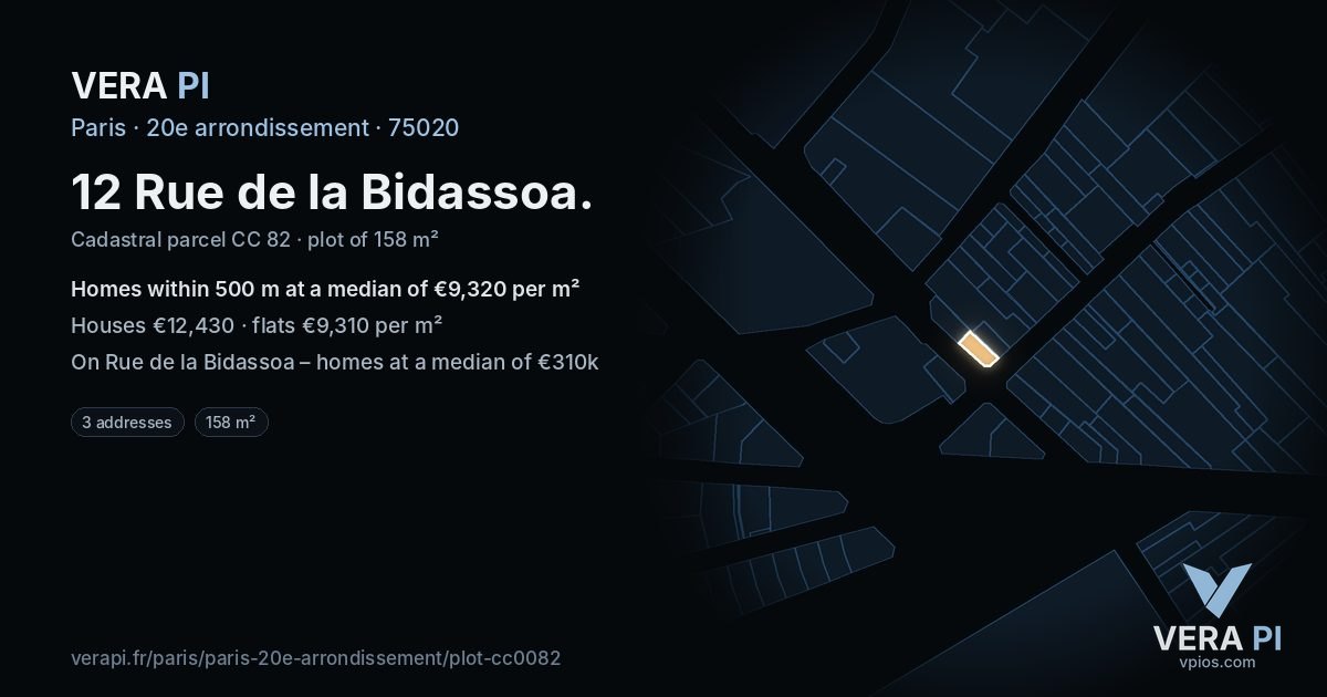 12 Rue de la Bidassoa, 20e arrondissement at night – the plot lit, the parcels around coloured by the prices near them