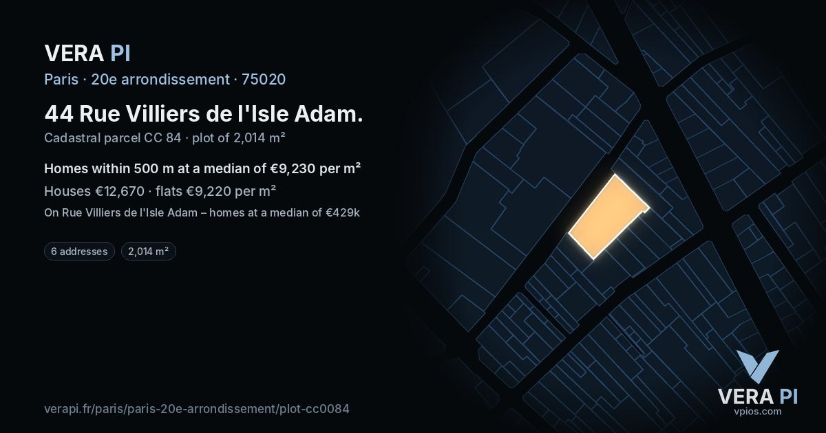 44 Rue Villiers de l'Isle Adam, 20e arrondissement at night – the plot lit, the parcels around coloured by the prices near them