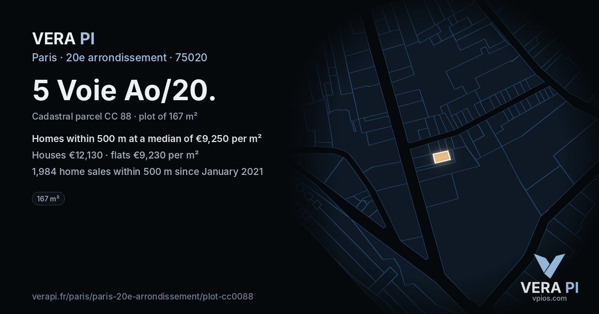 5 Voie Ao/20, 20e arrondissement at night – the plot lit, the parcels around coloured by the prices near them